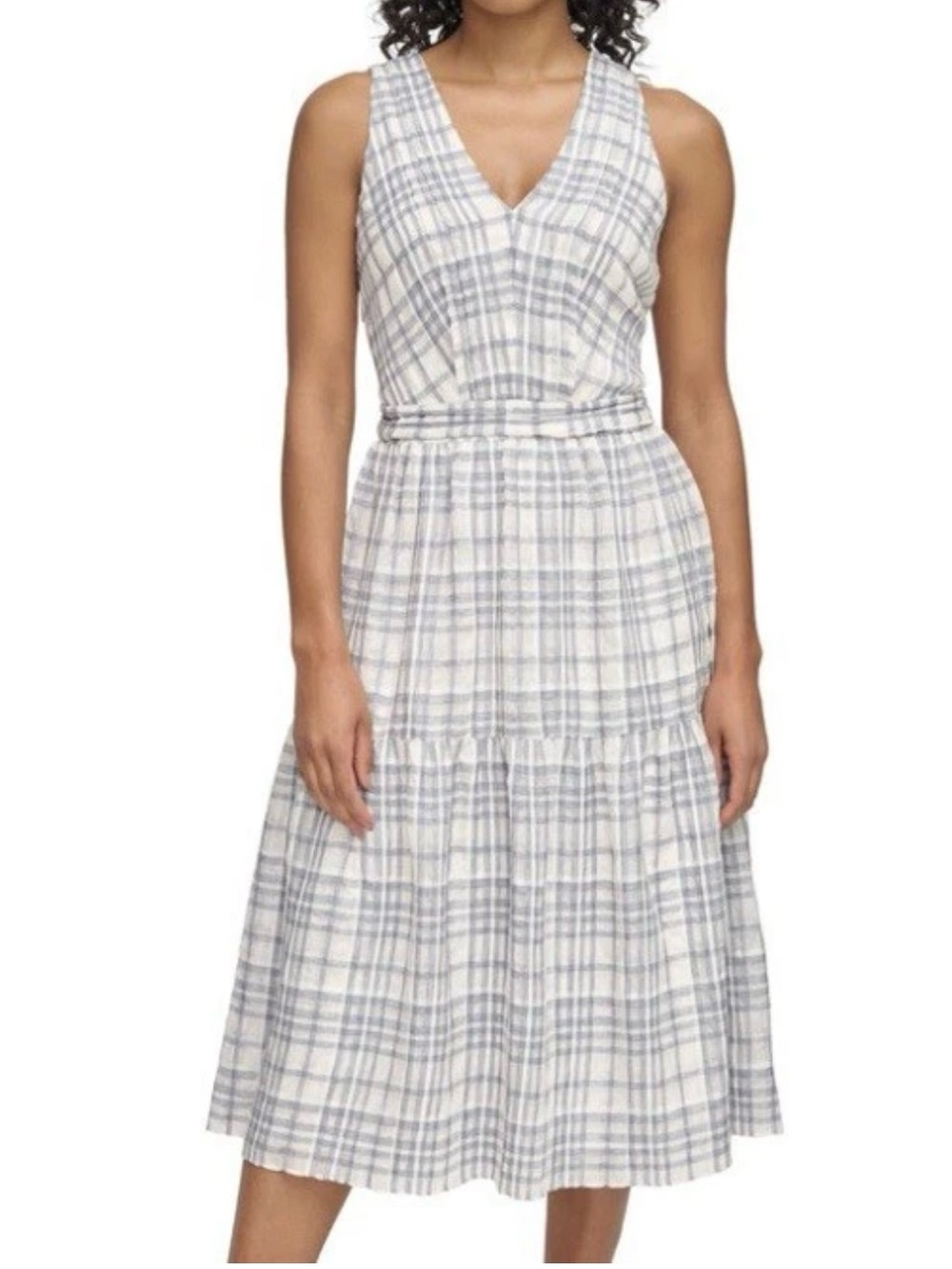 DKNY Dress LONG Ruffle
Sleeveless A-Line Peasant Gray
Blue Women's Size 8